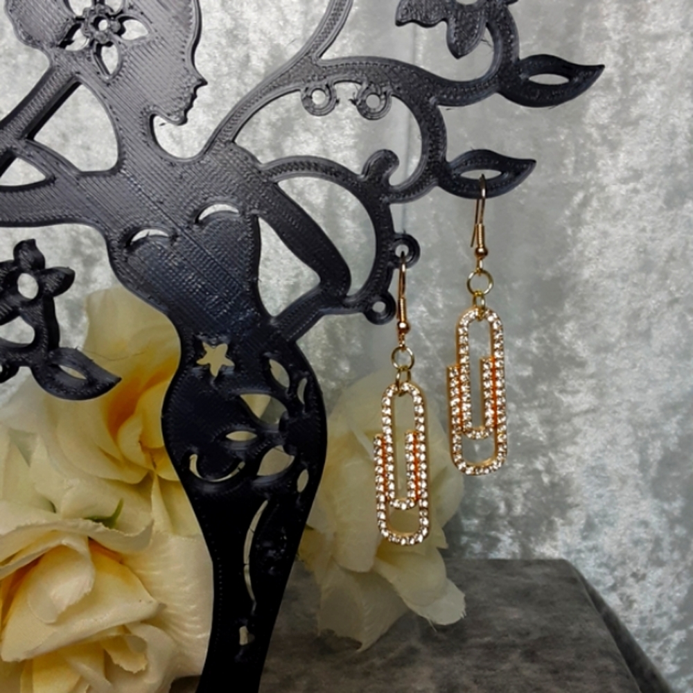 Handmade Rhinestone Paper Clip Earrings Goldtone